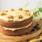 Gluten Free Whole Coffee and Walnut Cake decorated with walnut halves