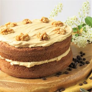 Gluten Free Whole Coffee and Walnut Cake decorated with walnut halves