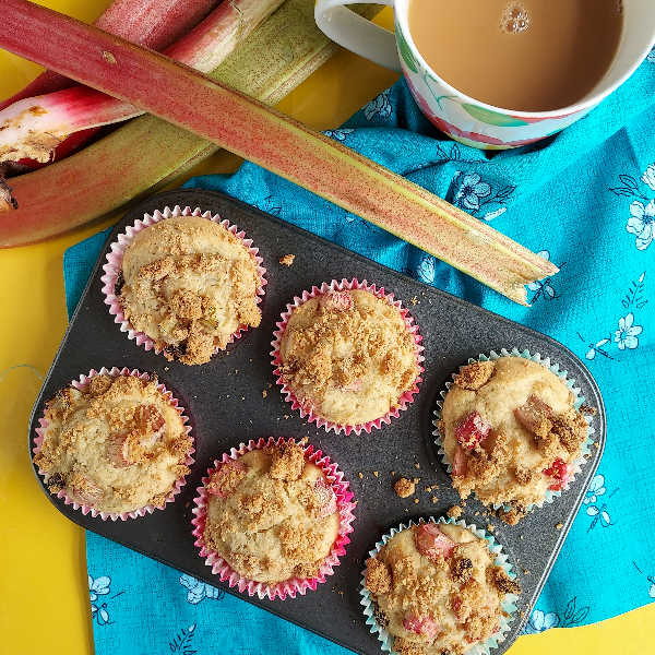 Gluten Free Rhubarb Muffins with ginger and a crumble topping