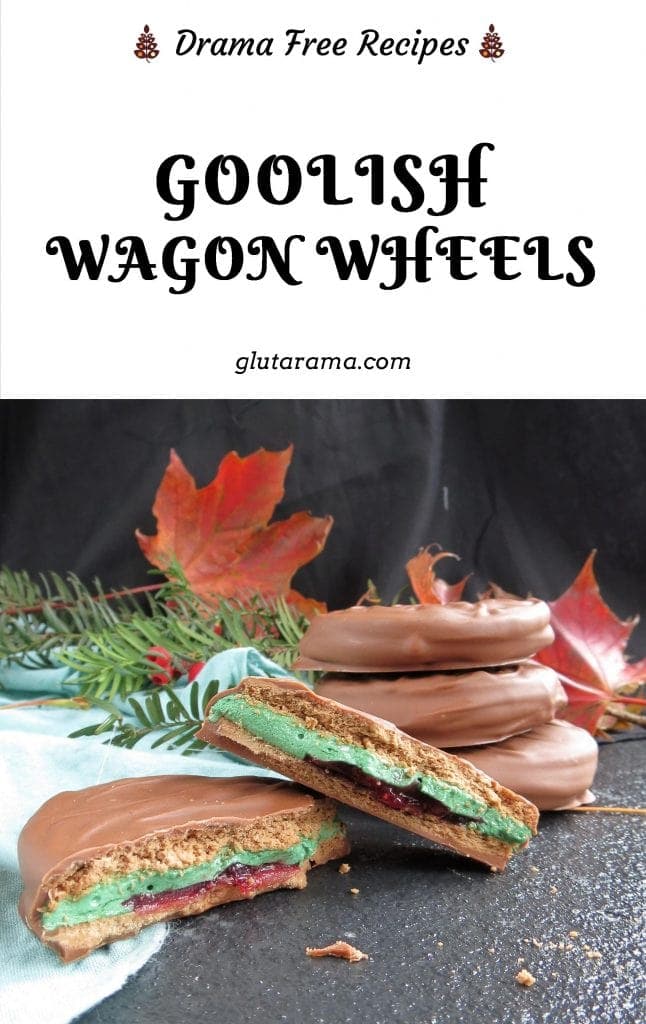 Wagon Wheels; made with Halloween in mind but these can be made without the green food colouring for any other time of the year. this Wagon Wheel is my gluten free version of the classic British favourite chocolate biscuit. #glutenfree #wagonwheel #freefrom #chocolatebiscuit #freefromgang
