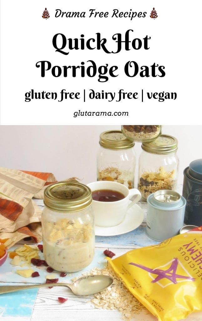Quick Hot Porridge Oats, gluten free oats from Delicious Alchemy; makes a delicious gluten free breakfast on the go that's also dairy free and vegan too depending on the ingredients you choose. #glutenfree #porridge #overnightoats #breakfast #easyrecipes #freefrom #dairyfree #vegan